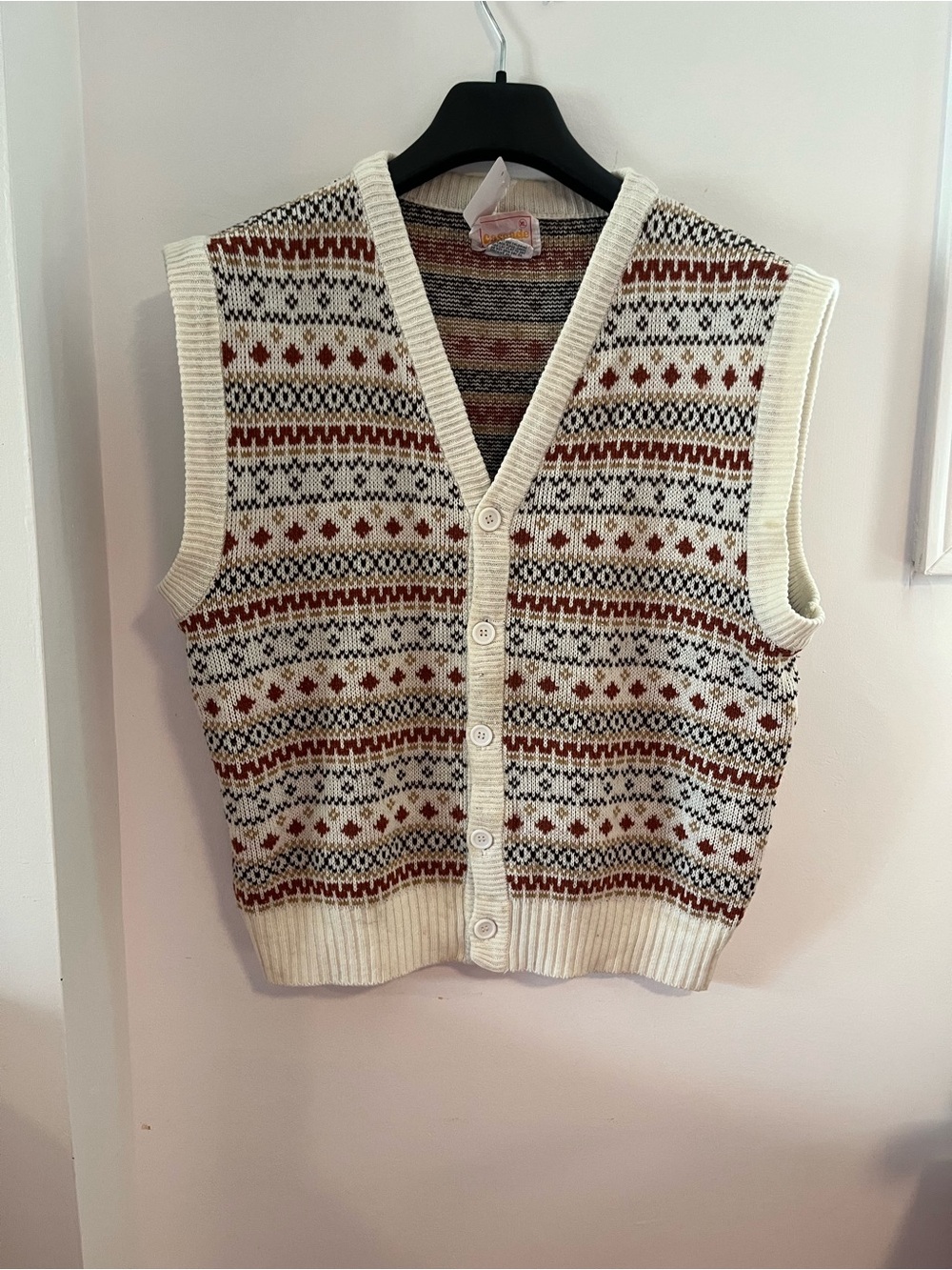 Vintage Cream Cascade Fair Isle Fall Autumn 🍂 Button-Front Knit Vest Size XL